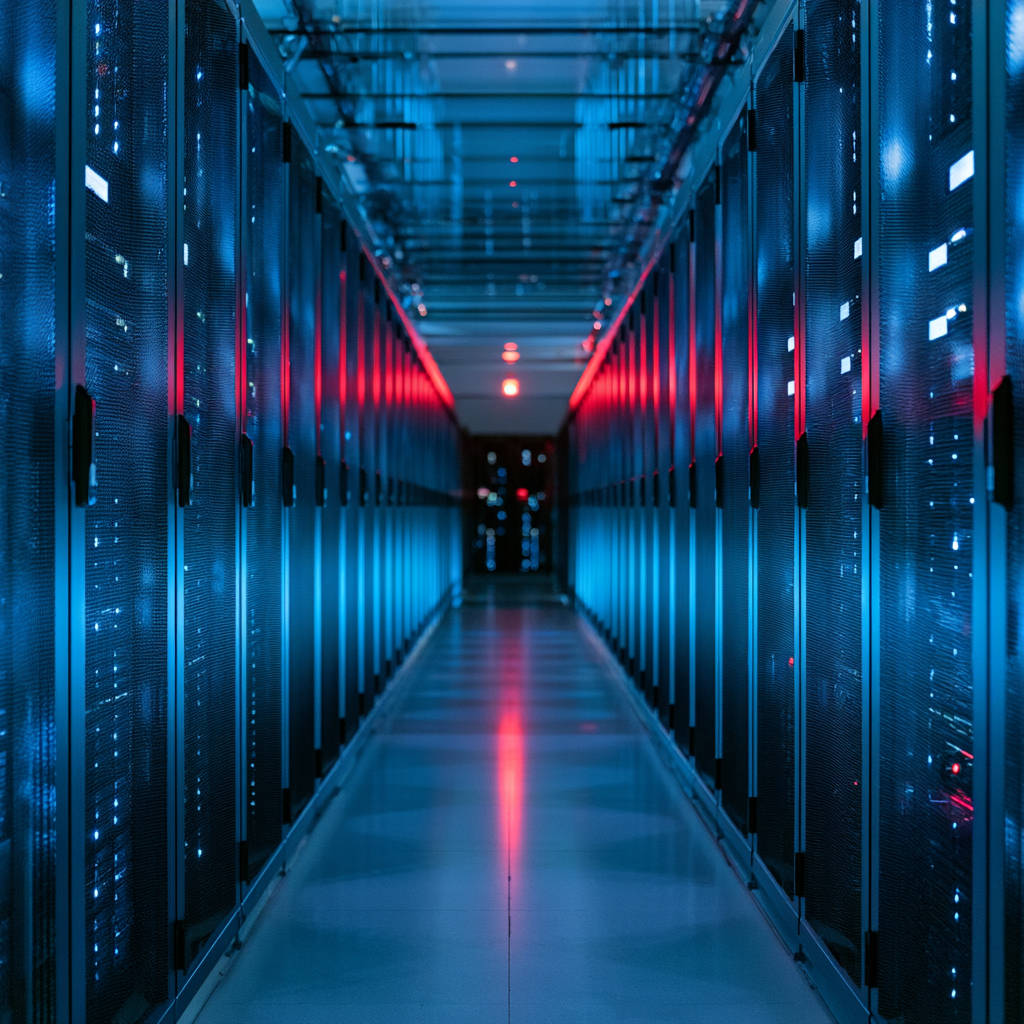 Long corridor view of a modern data center with blue-lit racks