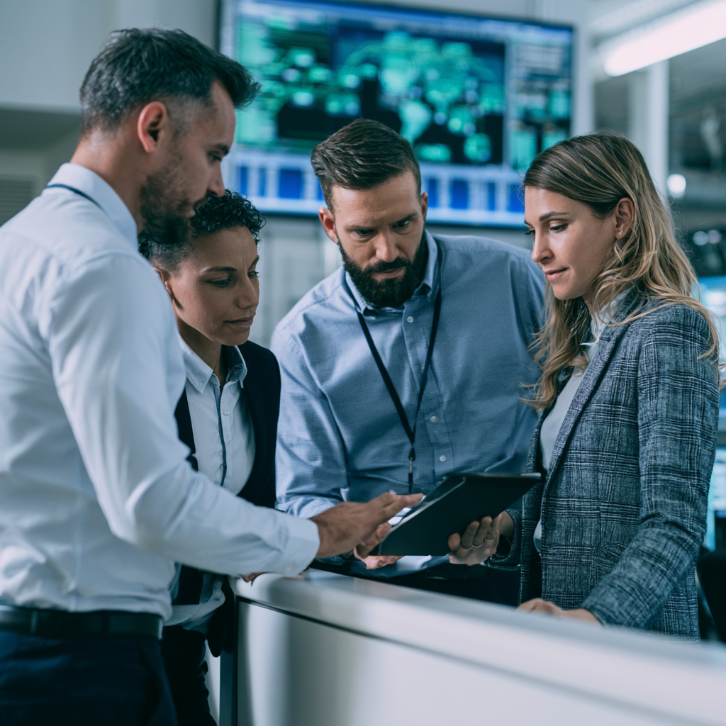 Four business professionals collaborating over a tablet with data dashboards