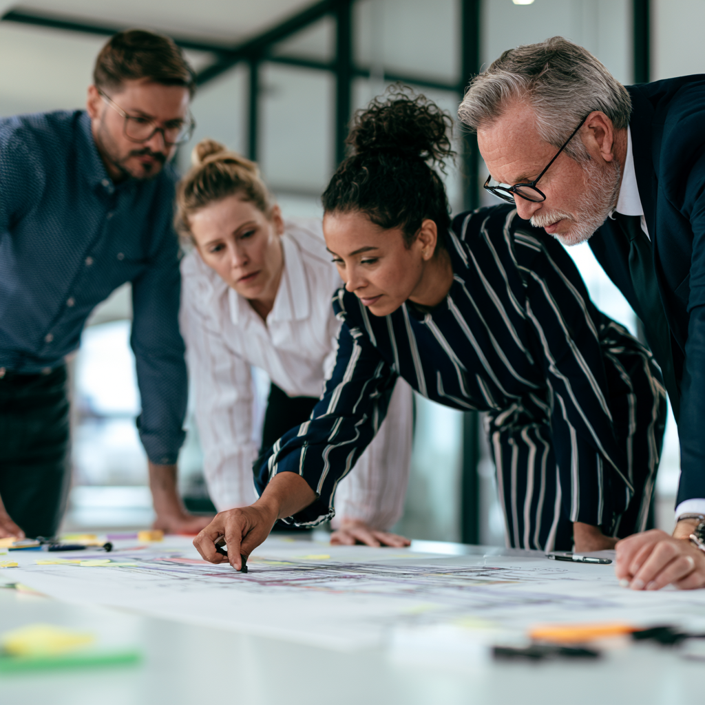 Four professionals collaborating over a blueprint on a conference table
