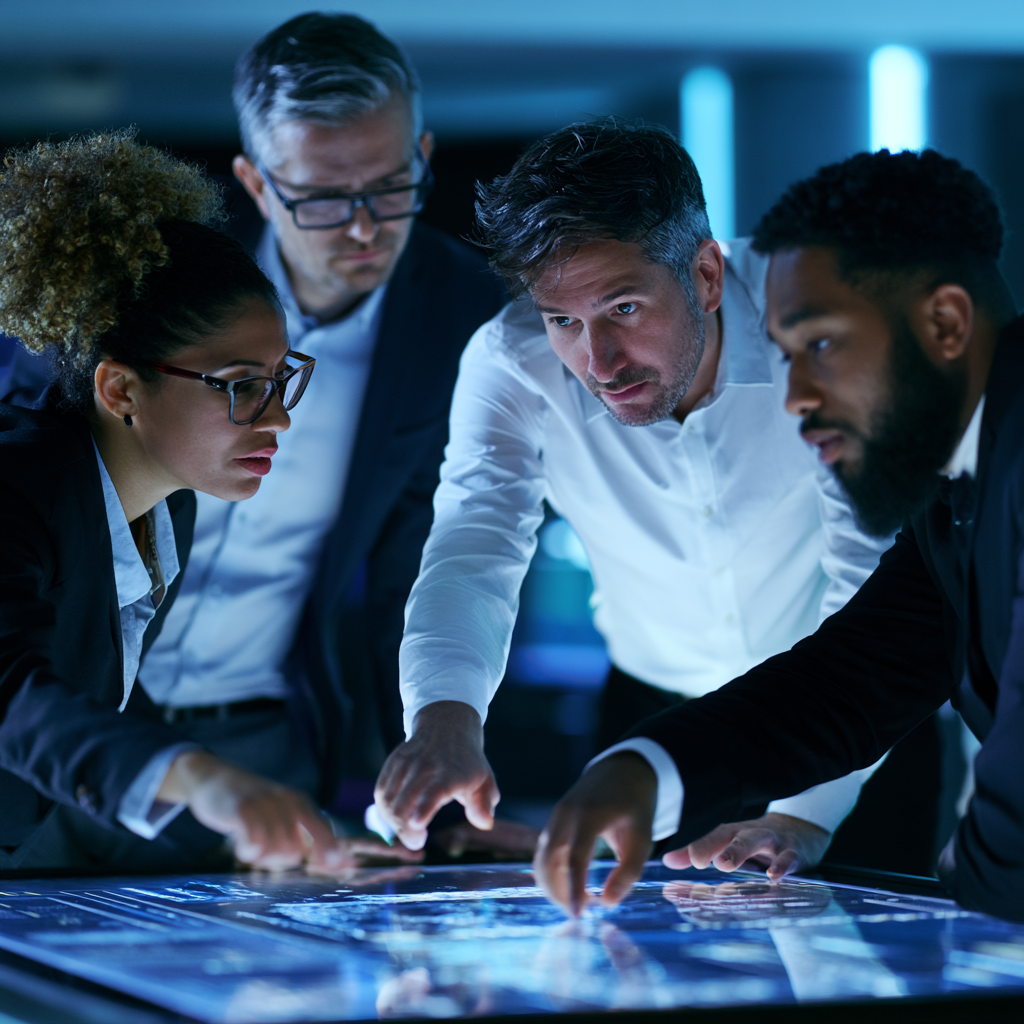 Team reviewing data on an interactive touchscreen table
